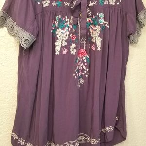 Vintage gray boho top L embroidered lace